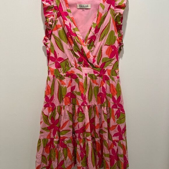 Taylor Lawn Printed Pink Sundress with Flutter Sleeves and V-Neck Large - Picture 5 of 9